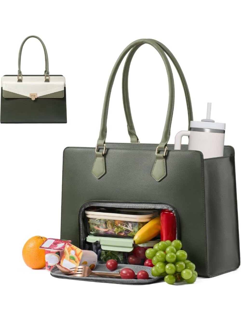 Stylish Lunch Bag for Women | 17.3" Laptop Tote with Tumbler Pocket & Insulation